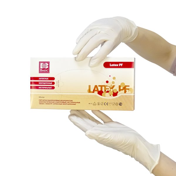 Перчатки латекс. смотровые, неопудрен. текстурированные Basic(100 шт/упак; 1000 шт/кор)